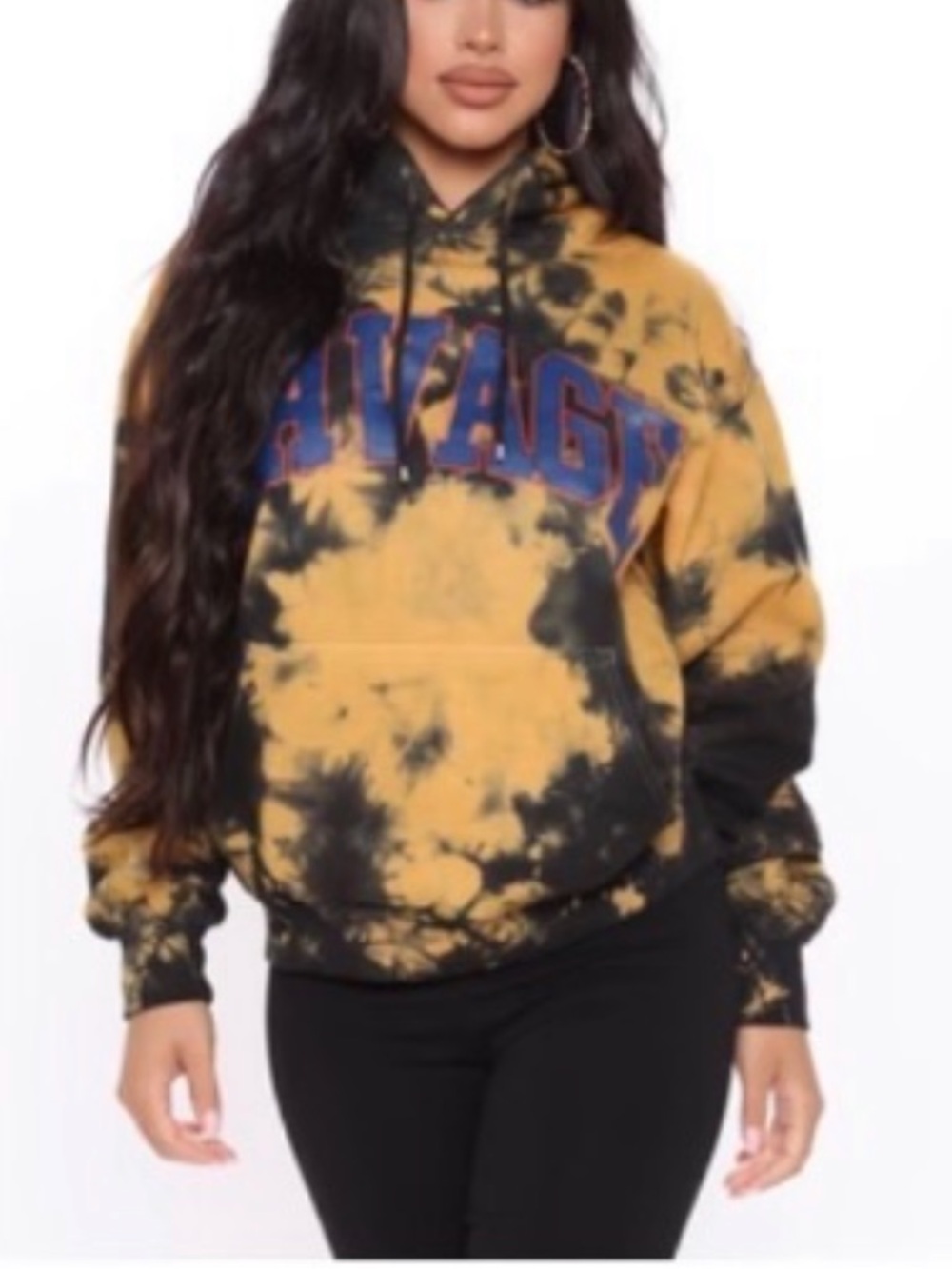 Fashion Nova Yellow & Black Tie-Dye Hoodie with Blue Savage Graphic